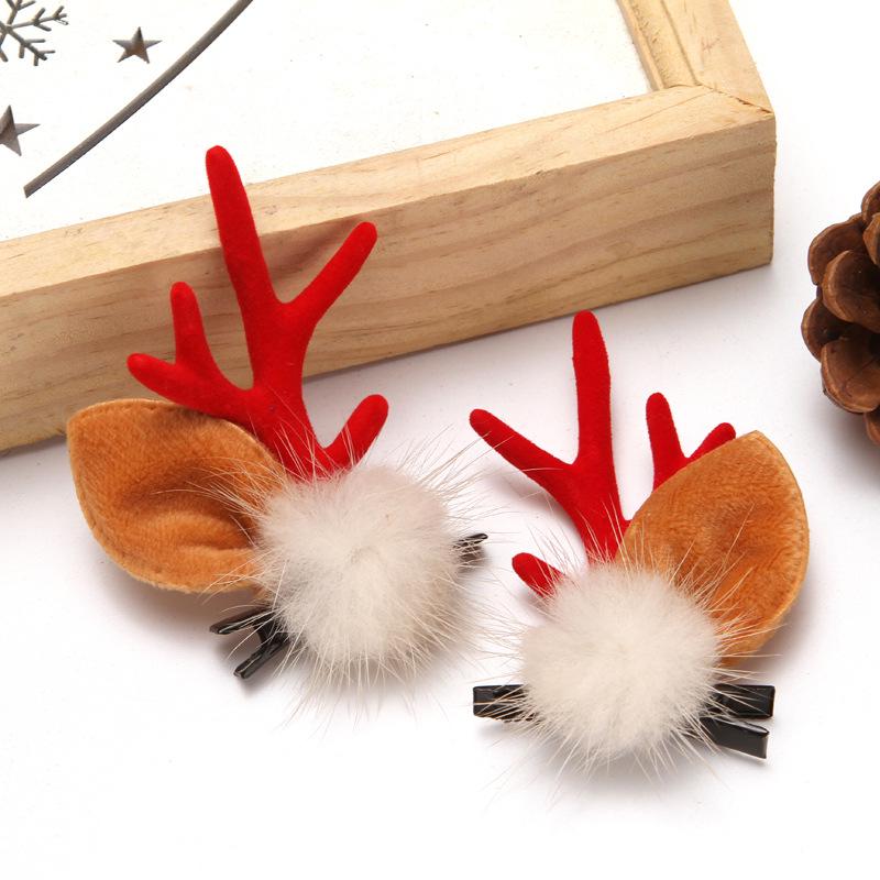 Japanese & Korean Style Flocked Coral Antler Ears Hair Clip for Christmas Photo Shoots