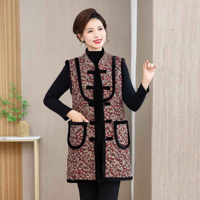 Ethnic-Style Autumn/Winter Velvet Mid-Length Tang Suit Vest for Middle-Aged and Elderly Women