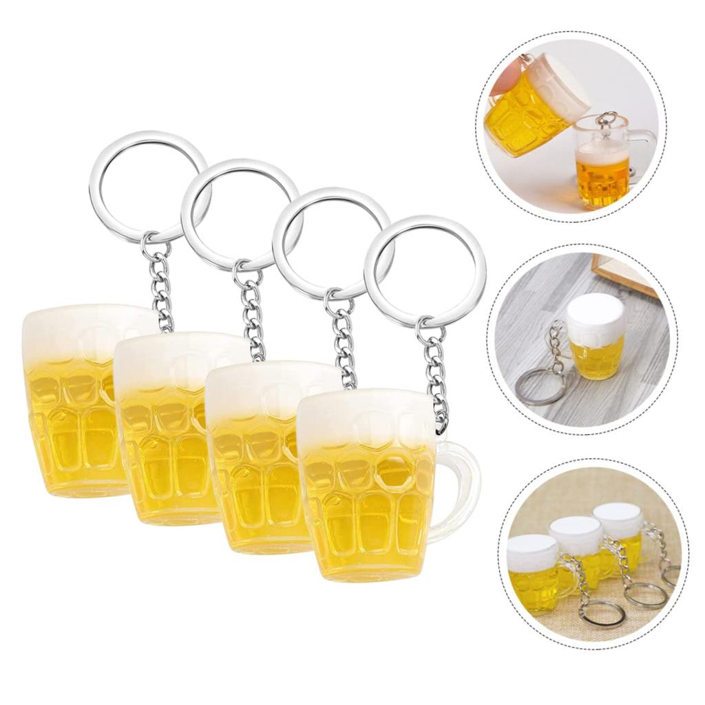 SEWACC Bierkrug Schlüsselanhänger, Set mit 4 Stück, Acryl und Edelstahl, Mehrfarbig, Taschenanhänger, Band, 4x3x3cm, Klein, Leicht, Niedliche Mini-Bierkrüge, Auto