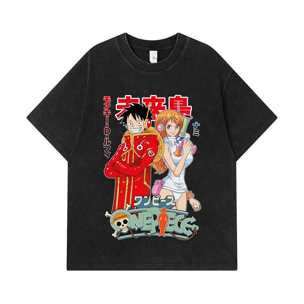 275 GSM Washed T-shirts 100% Cotton One Piece V71 Luffy Nami Egghead Print Unisex Heavy Cotton T Shirt