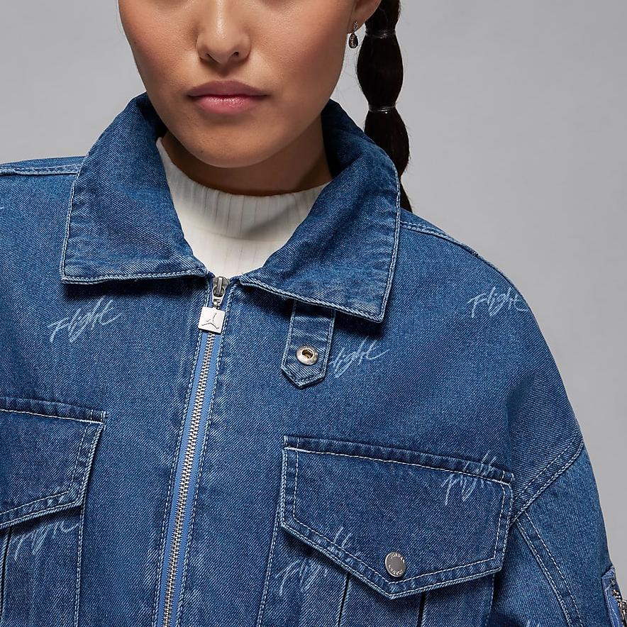 Jordan SS24 Flight Series Renegade Full Print Turn-down Collar Casual Zip Denim Jacket Women Jacket Stone-Blue FN5354-453
