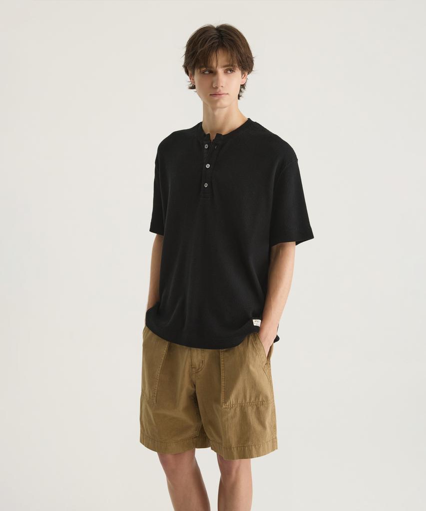 Oteumilkape Waffle Henley Neck T-Shirt - Black