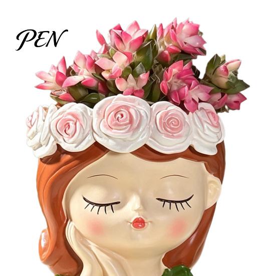Whimsical Home Decor Cute Girl Resin Planter, Head Planter with Rose Garland, Decorative Indoor Plant Container for Succulents Cactus Desk Desktop