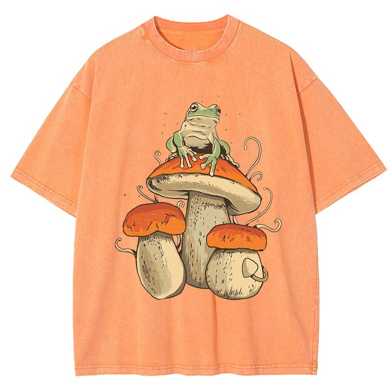 Mushroom Frog Art Aesthetics Print Washed T Shirt Women Summer Vintage Short Sleeves Cotton Loose O-Neck T-Shirt