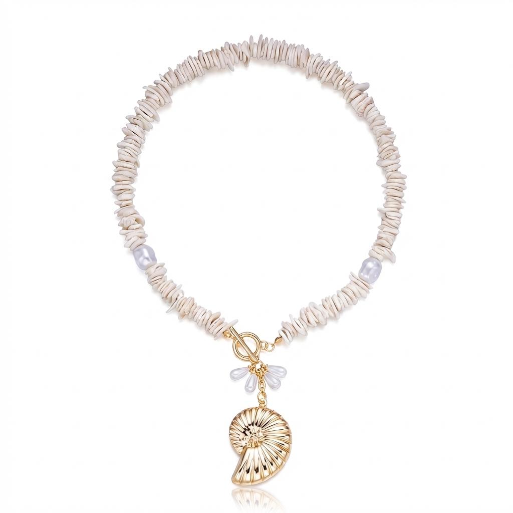 

Vintage Long Chain Faux Pearl Necklace Crushed Shell Conch Pendant Choker Summer Beach Vacation Sweater Jewelry For Women
