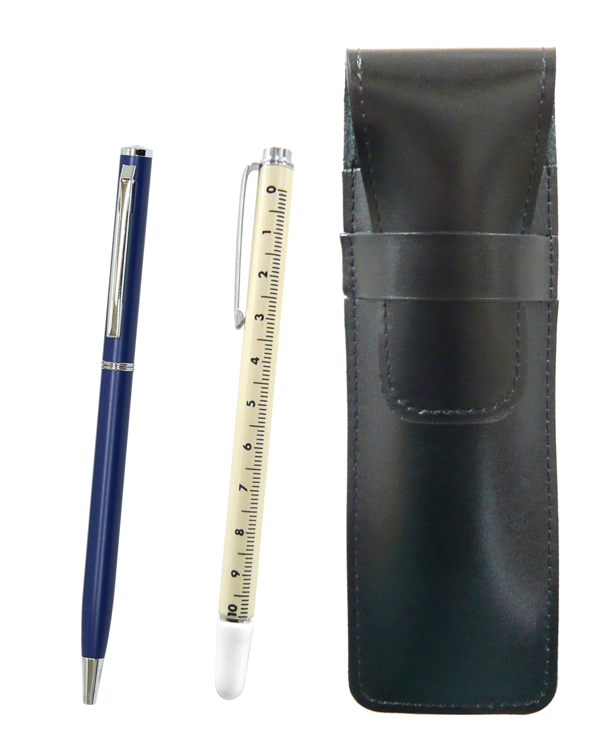 

Slim cowhide pencil case black slide measure indicator stick and slim rotary ballpoint pen set blue ASB-708W-PD04-L