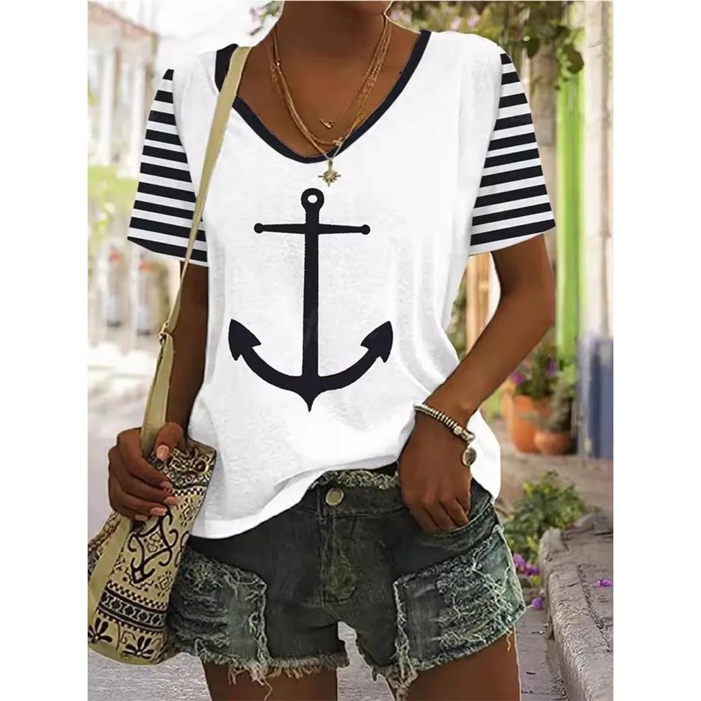 Stripe Printed T-shirt Fashionable Loose Short Sleeved Round Neck Versatile Comfortable Women's V-neck T-shirt