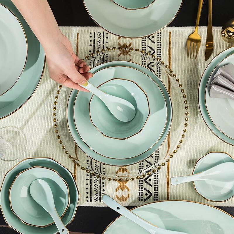 European Style 57-Piece Celadon Diamond Ceramic Dinnerware Set