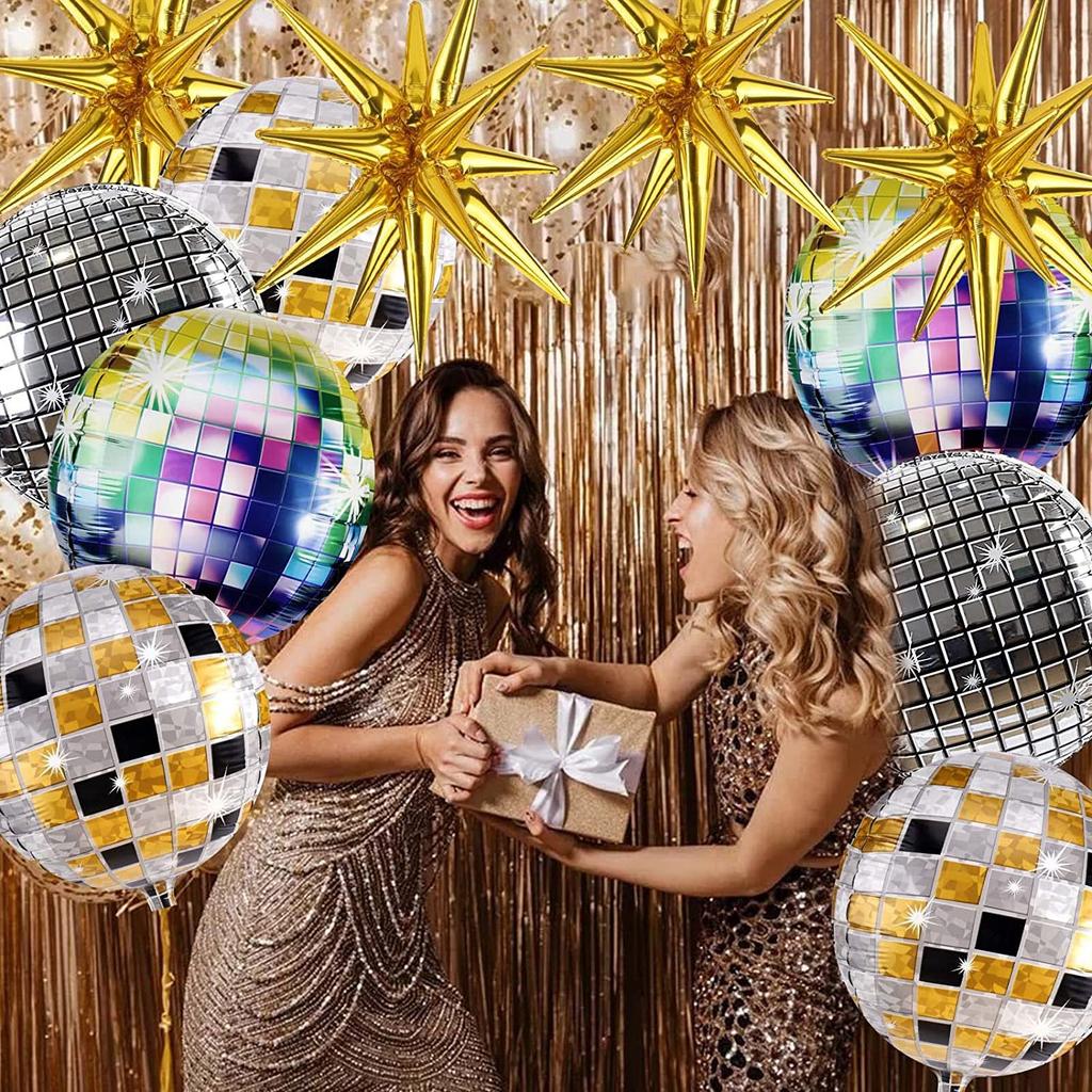 12PCS Disco Retro Balloon Set 80s and 90s Silver Colorful Lantern Ball Combination Birthday Party Decoration Supplies 4D Balloon