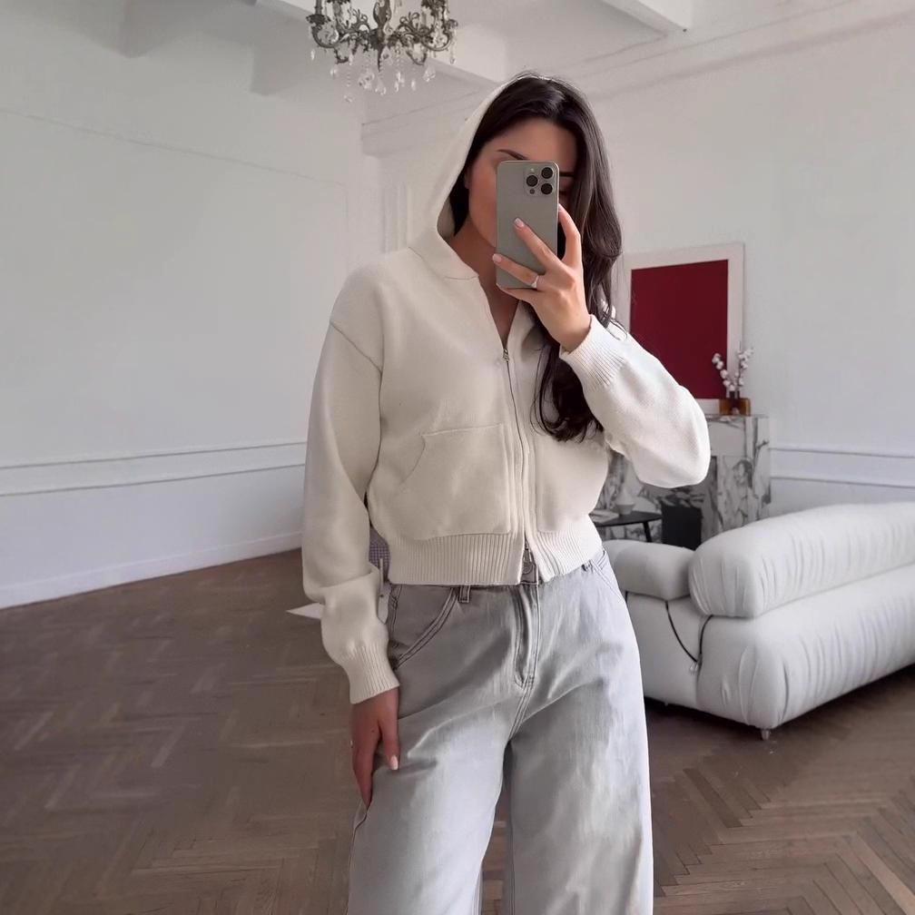 

European & American Women s Fashion 2025: New Autumn Knitted Hooded Zipper Cardigan Sweater Coat S