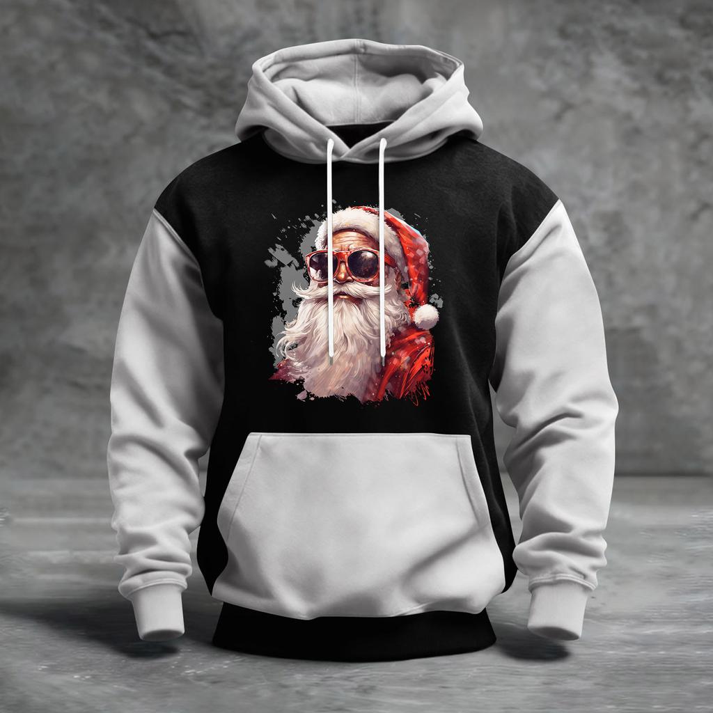 Erkek Noel Baskılı Renk Bloklu Kapüşonlu Günlük Spor Konfor Sweatshirt