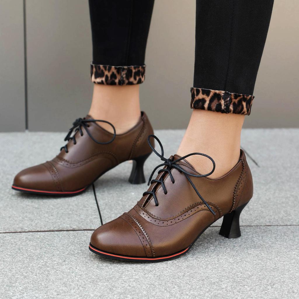 Q/Damen-Einzelschuhe mit hohem Absatz, Retro-Stil im britischen Stil, einfarbig, große Schnür-Low-Top-Schuhe