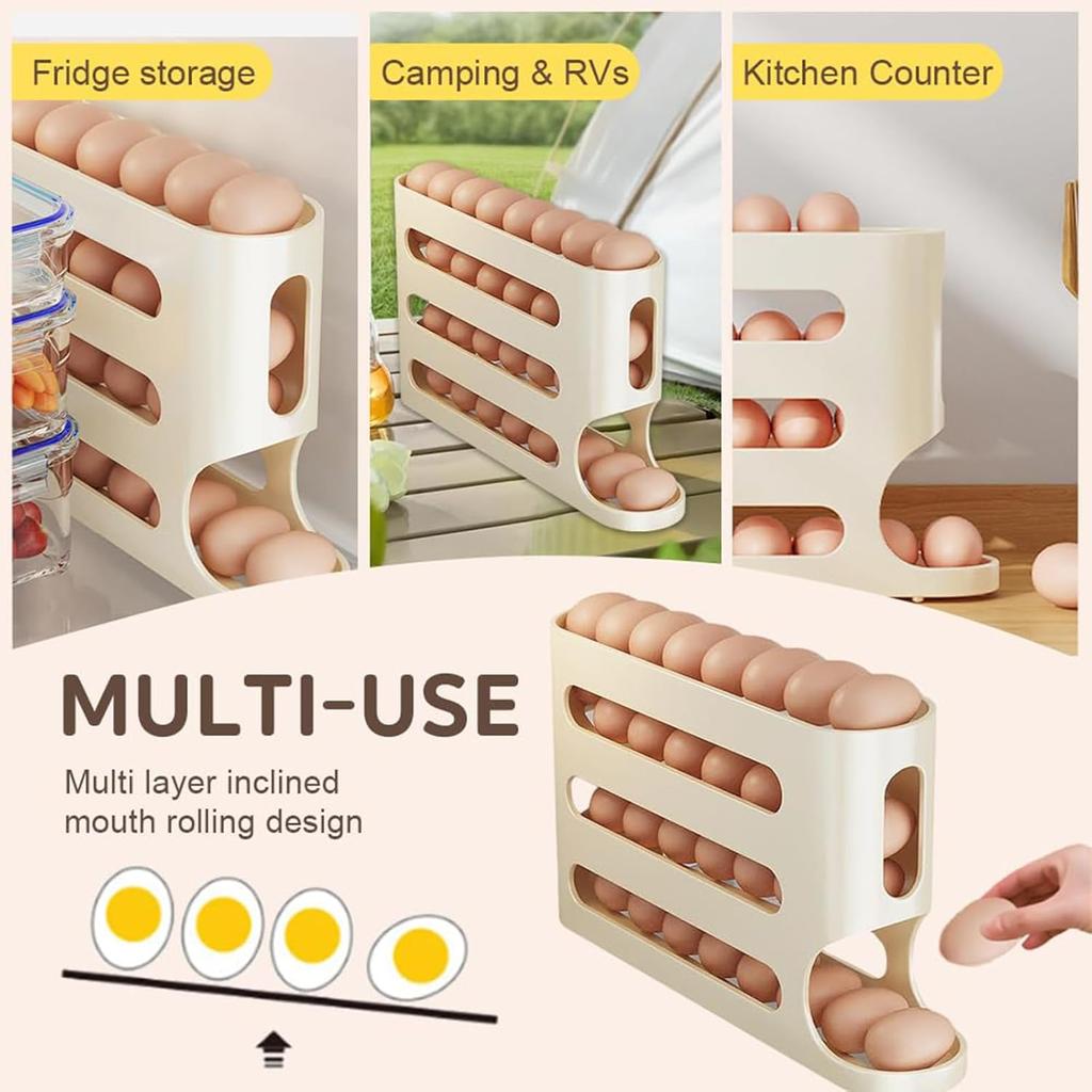 Large-Capacity 4 Tiers Egg Holder Auto Rolling Fridge Egg Organizer Dispenser for Refrigerator Cabinet Kitchen Egg Storage Tray