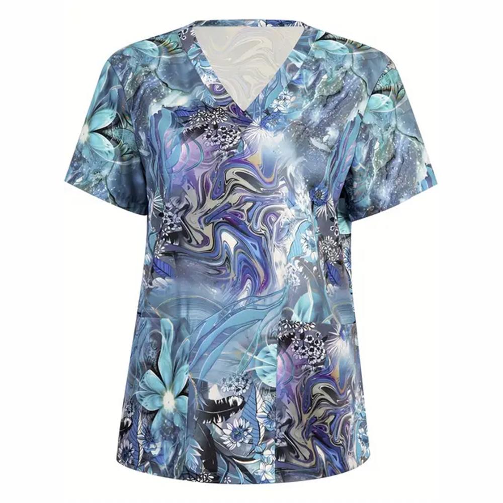 Scrubs Medical Uniforms Woman Fashion Floral Print Dental Nurse Tops V-Neck Short Sleeve Patch Pocket Tees Nurse Uniform Woman