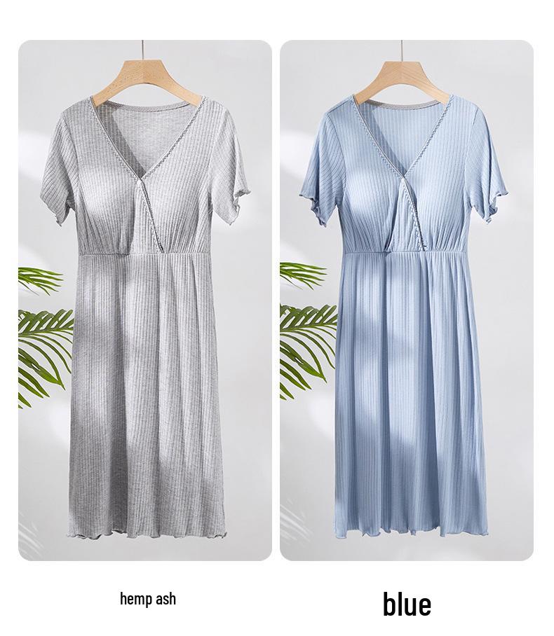 V-Neck Nursing Dress with Insertable Cups for Breastfeeding - Fashionable Postpartum Pajamas
