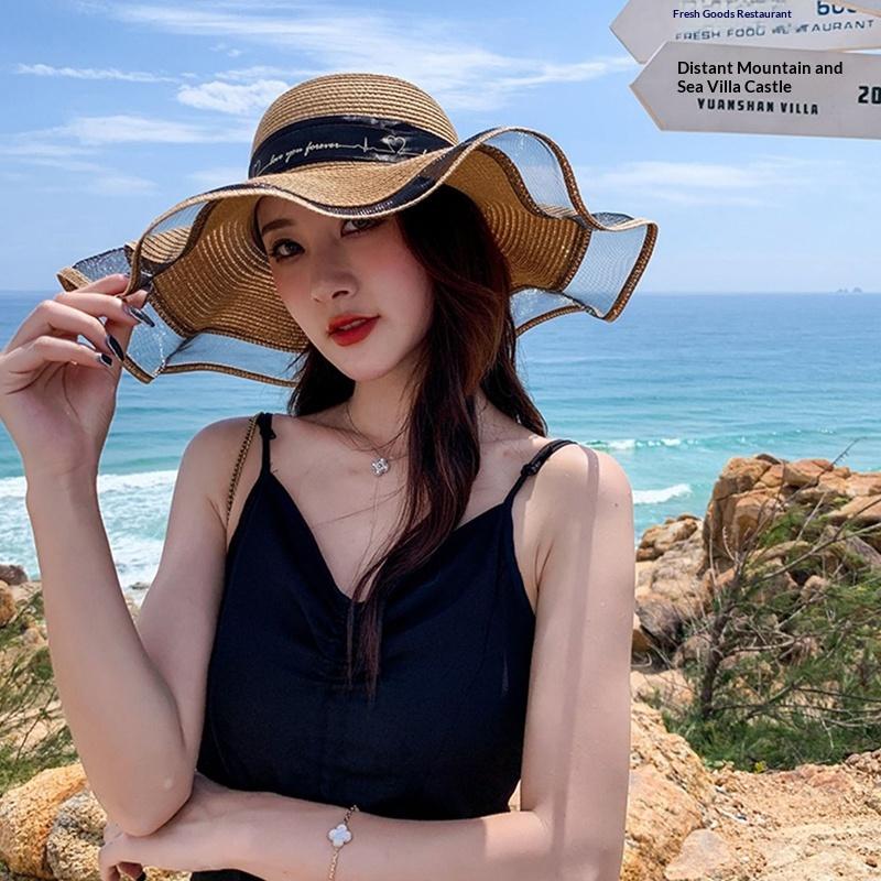 Fashion Flat-Topped Straw Hats Girls Wide Brim Sun Hat Outdoor Lace Bow Strap Lightweight Uv Protection Beach Cap