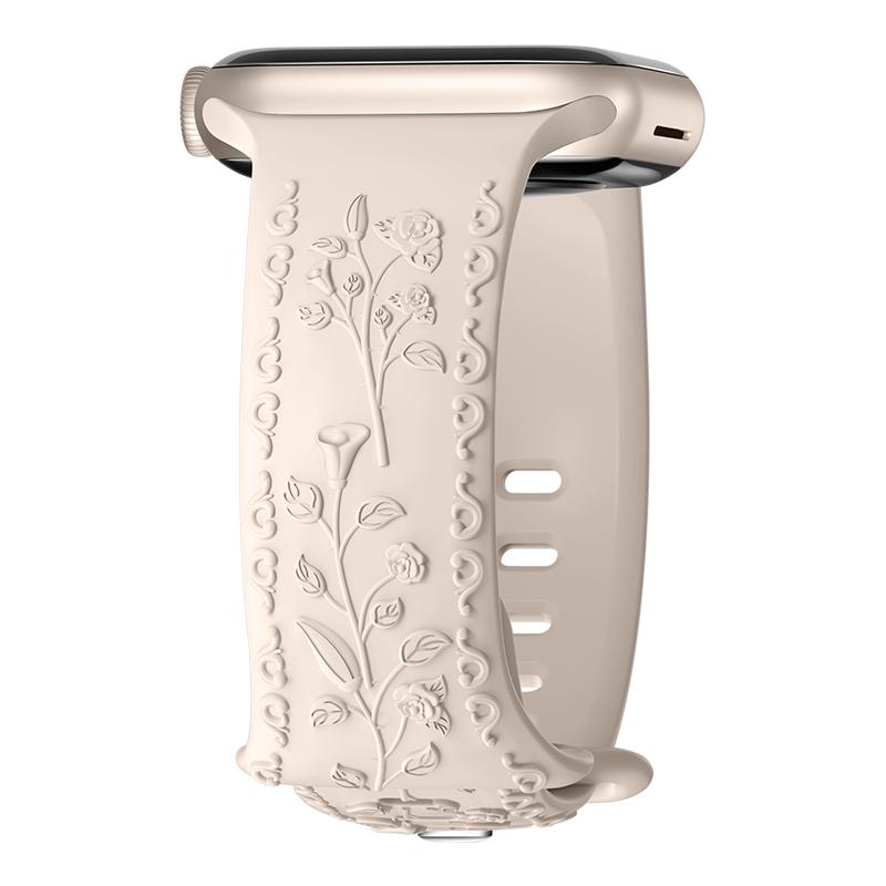 Engraved Strap For Apple Watch Band 42mm 44mm 45mm 41mm 40mm 49mm Silicone Floral Bracelet Correa Series 8 9 7 SE 4 5 6 Ultra 2