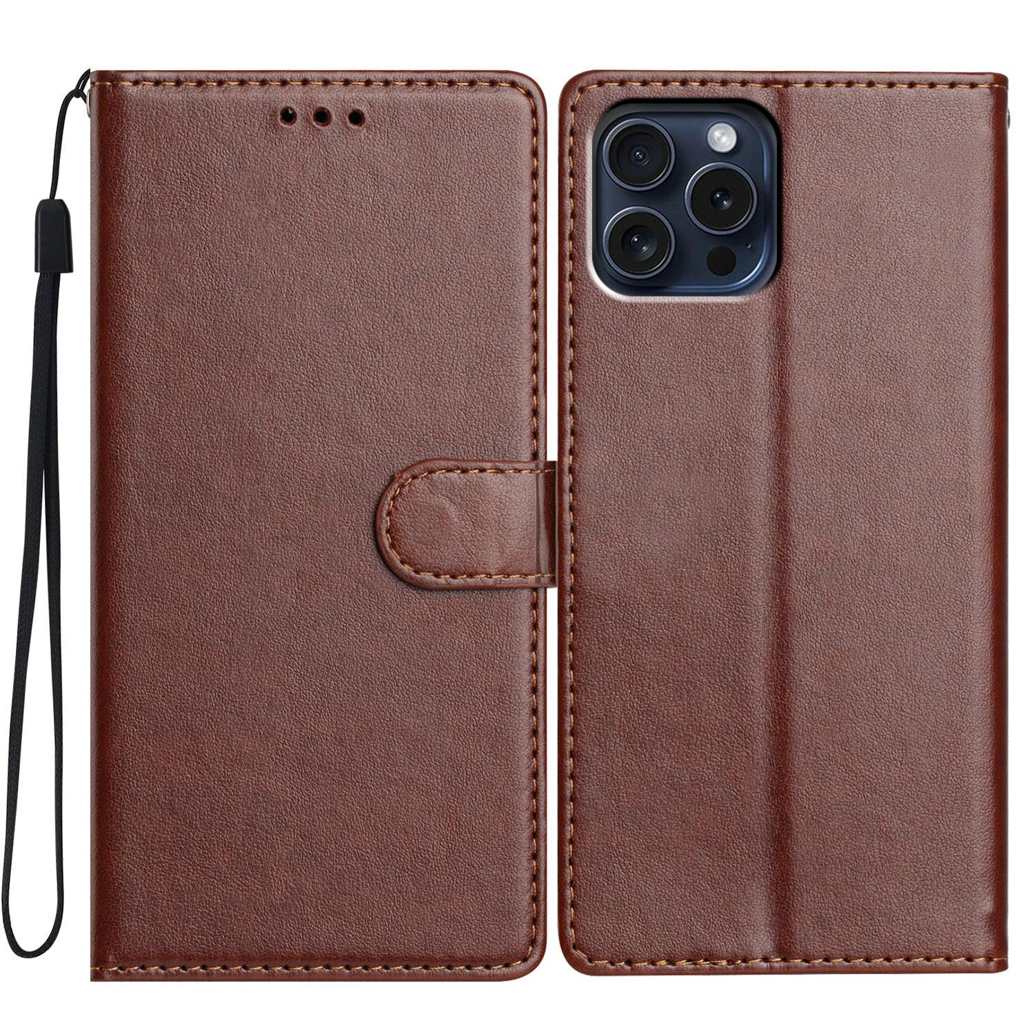 

For iPhone 16 Pro Max Leather Phone Case Wallet Stand Cover with Handy Strap Brown