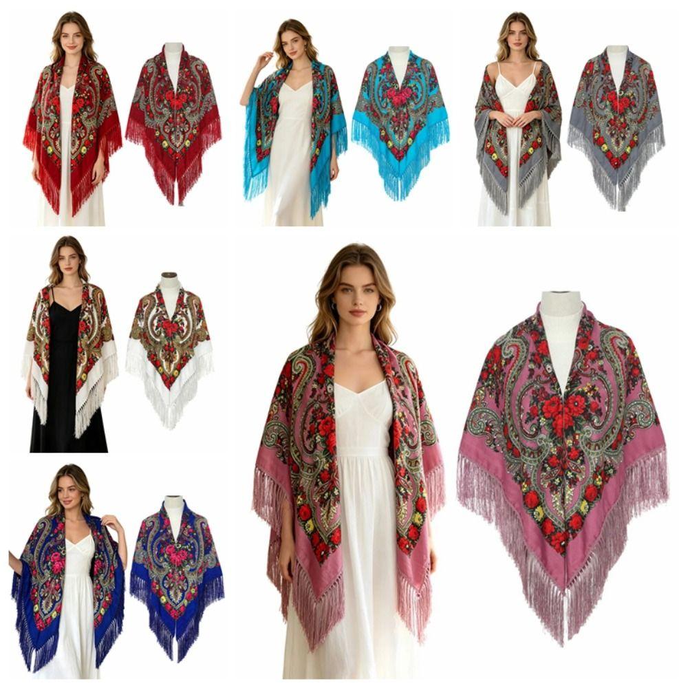Polyester Russian Square Scarf Tassel Trim Floral Print Scarf Tassel Shawls Outdoor Activities