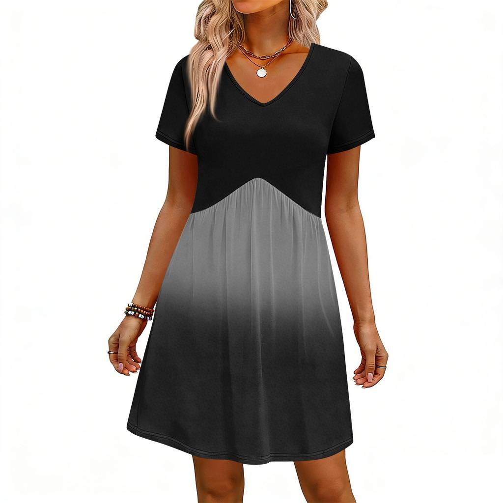 Modna damska sukienka z nadrukiem, dekoltem w serek, krótkim rękawem, luźna, casualowa, na plażę, na wakacje