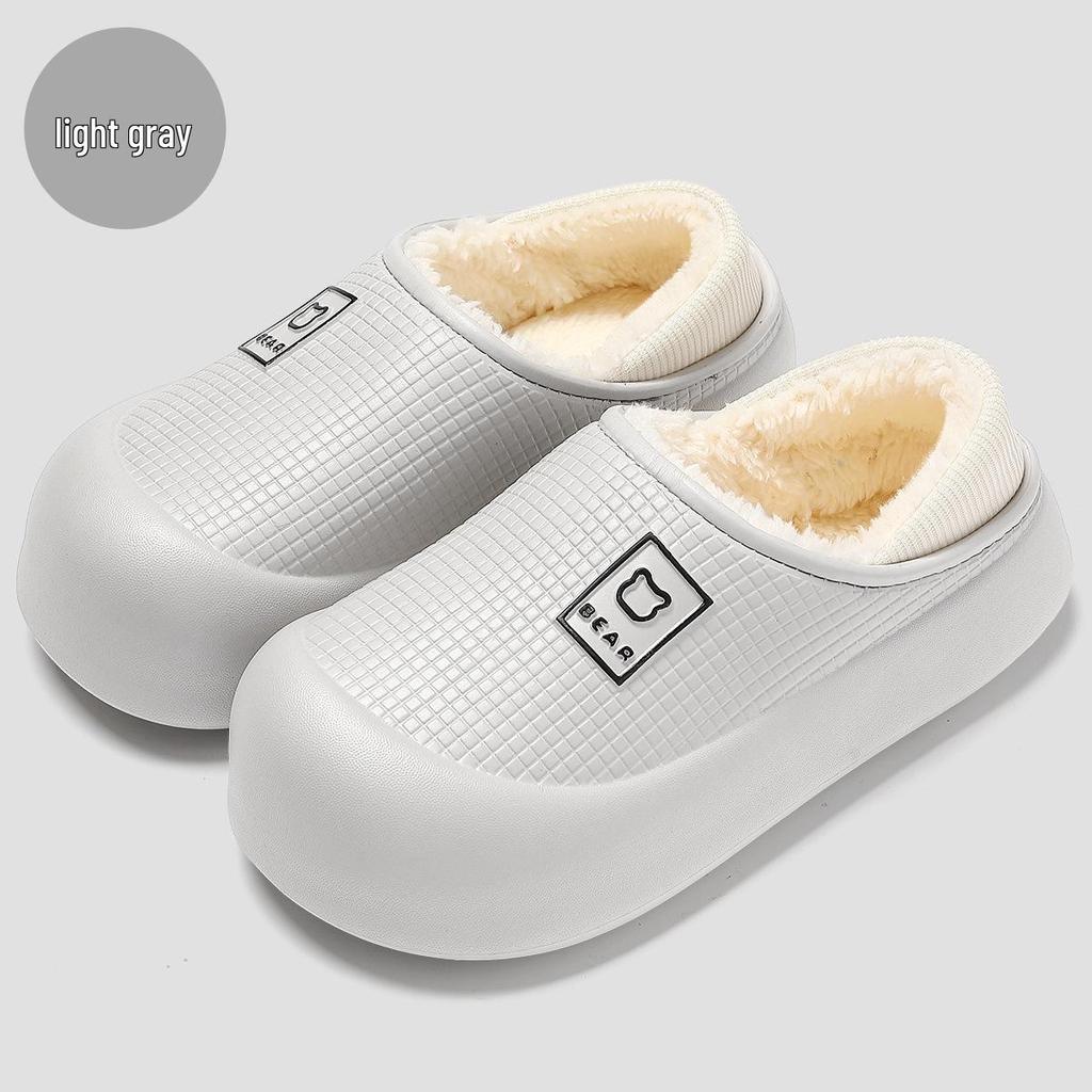 Women's Waterproof Plush Indoor Slippers - Warm, Non-Slip, Heel-Covering Winter Cotton Shoes for Men & Women