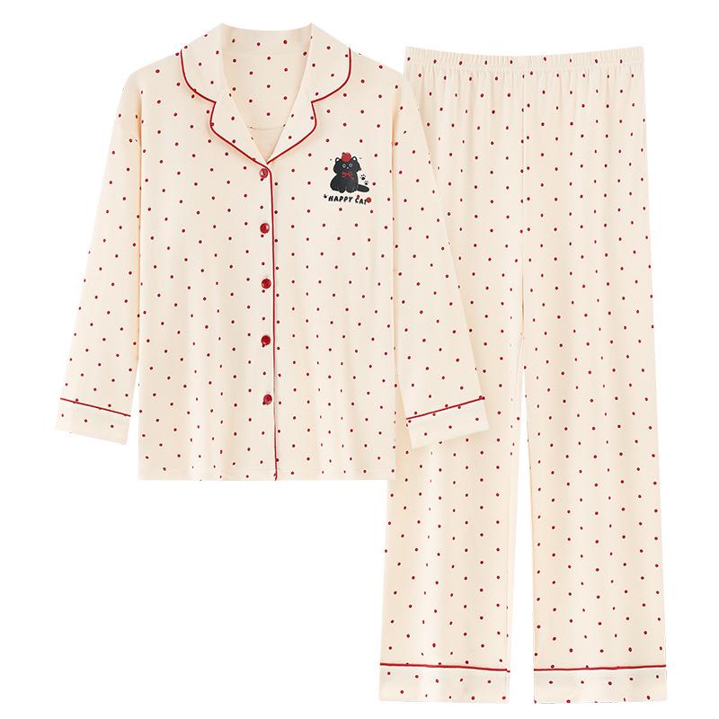 Women's Pure Cotton Pajama Set with Chest Pad, Long Sleeve Cardigan, and Lapel - Spring/Autumn 2025 Style.