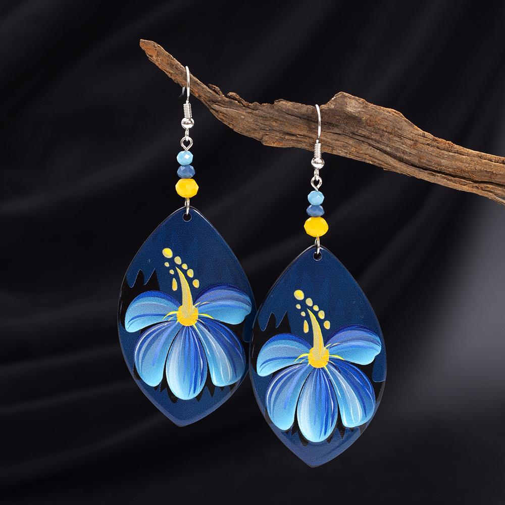 Fashion Blue Acrylic Relievo Printing Flower Earrings Dangle For Women Vintage Style Elegant Daily Wear Jewelry Accessories Gift