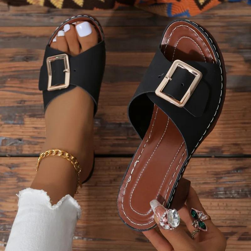 Fashion Women Slippers 2024 Summer New Fashion Soft Platform Shoes Ladies Chunky Heels Buckle Designer Slippers