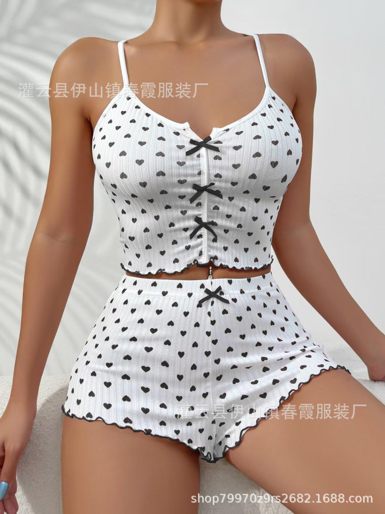 

New heart-shaped butterfly pink blue lip print contrasting color homewear pit strip suspender pajama set S чёрный