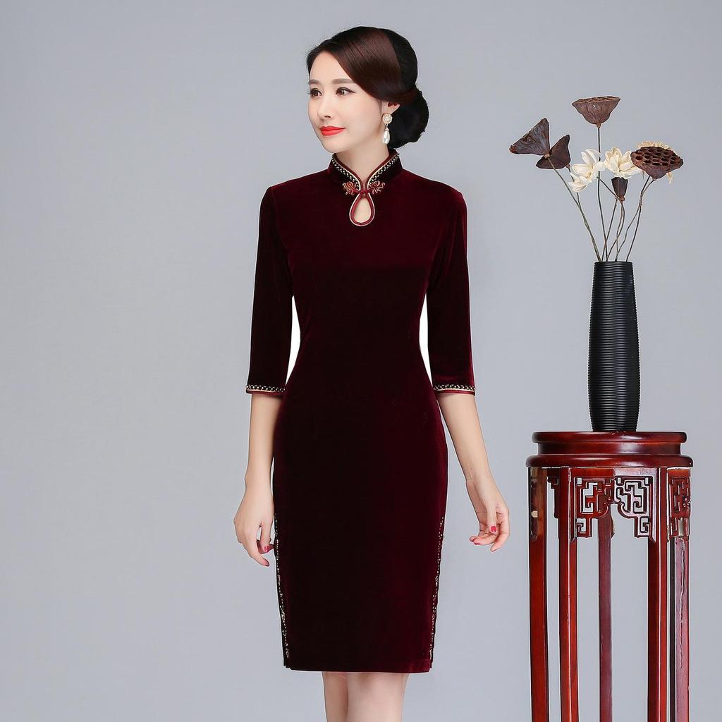Brand Velvet Plus Size Cheongsam Evening Dress for Middle-Aged Women - Wedding & Banquet