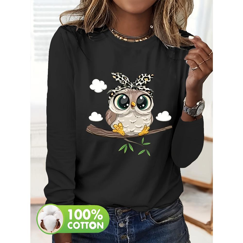 Women's 100% Cotton Long Sleeve T-Shirt Dragonfly Print round Neck Casual Fashion Top for Spring And Autumn
