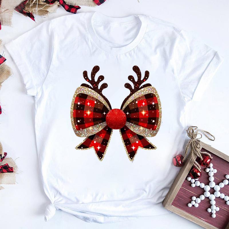 Fashion Reindeer Antlers Bow Plaid Women T Shirt Funny Graphic Christmas Party Outfit Harajuku Casual FeUnisex Clothes Tees