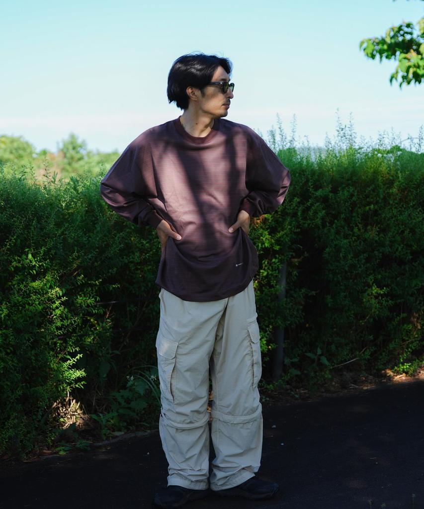 Snow Peak Hybrid Wool Mesh Stripe Cut and Long and Size L L/S T-Shirt SW-25AU014, Sew, Sleeve, T-Shirt, Men's Women's, Brown,