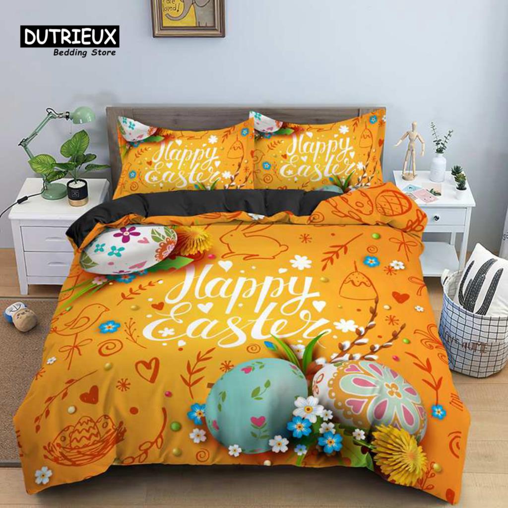 Soft Cartoon Pastoral Rabbit Duvet Cover Set Easter Eggs Print Bedding Set For Kids Child Microfiber Single King Comforter Cover