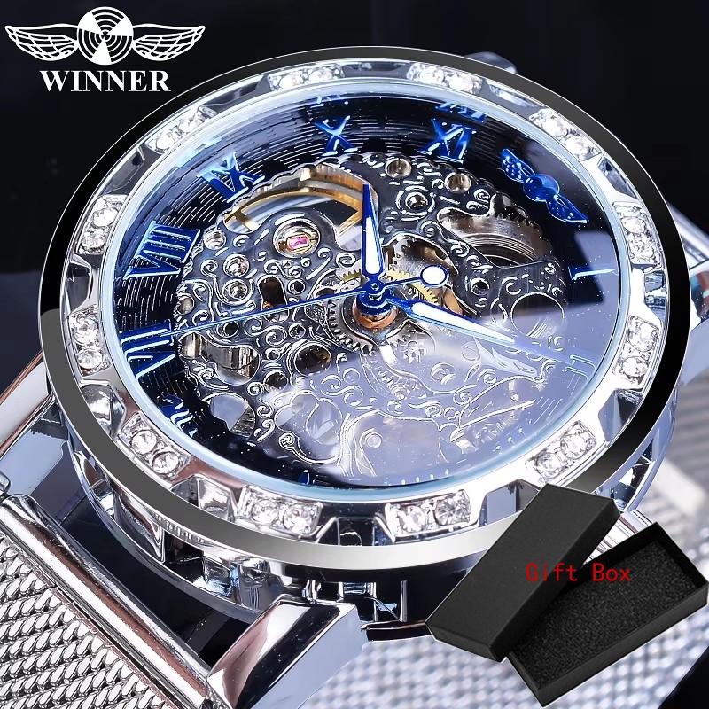 Winner Top Brand Golden Watches Men Skeleton Mechanical Watch Crystal Mesh Slim Stainless Steel Band Luxury Hand Wind Wristwatch