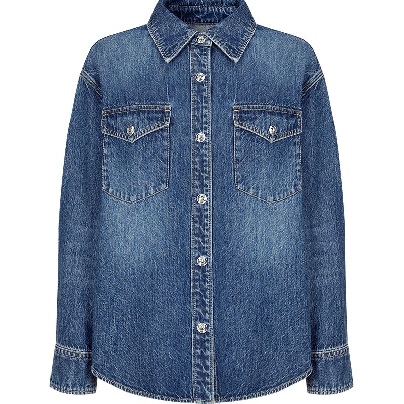 Jiuzi Annacao Women s Relaxed Fit Dark Blue Denim Shirt L