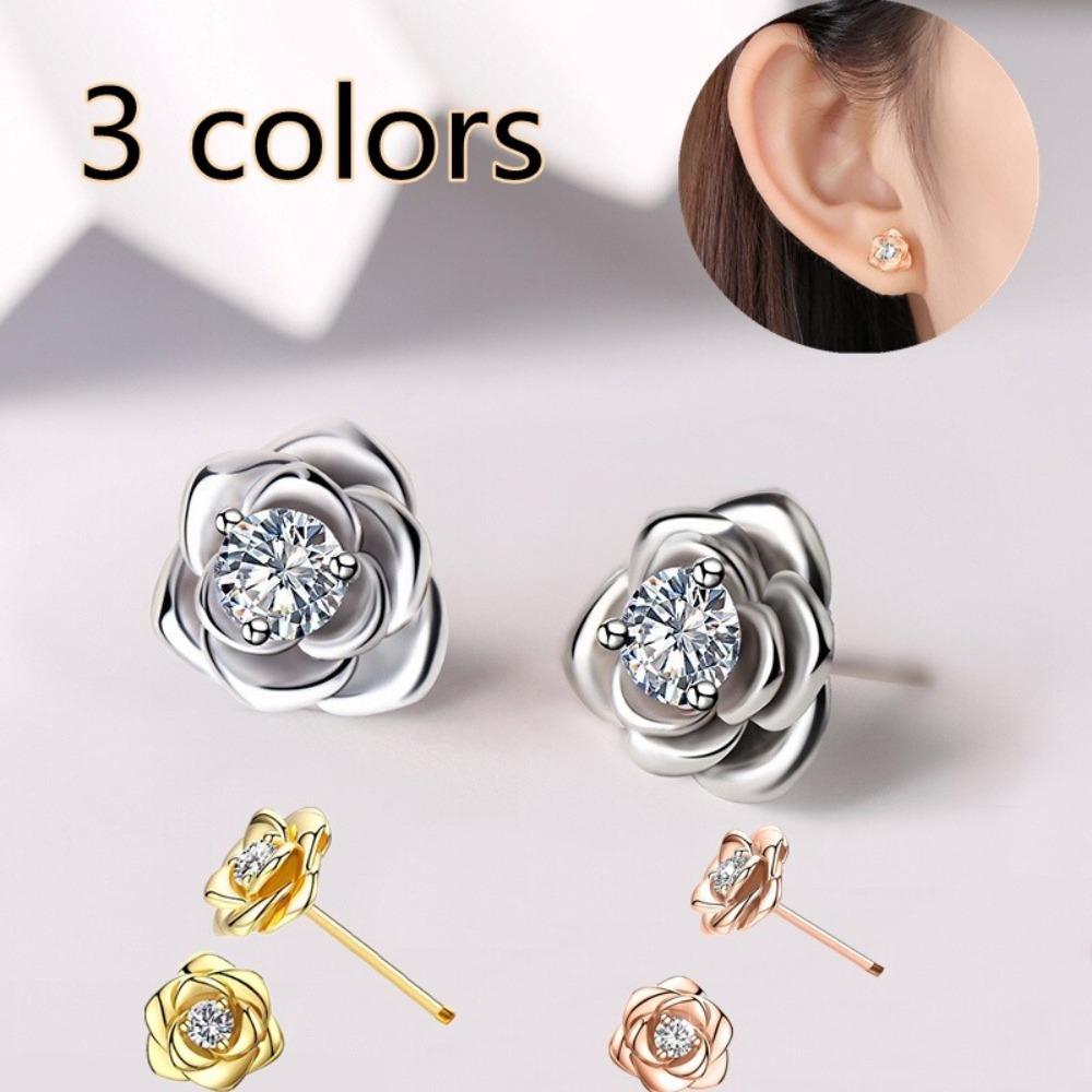 Rose Gold Flower and Diamond Stud Earrings, Fashionable and Beautiful