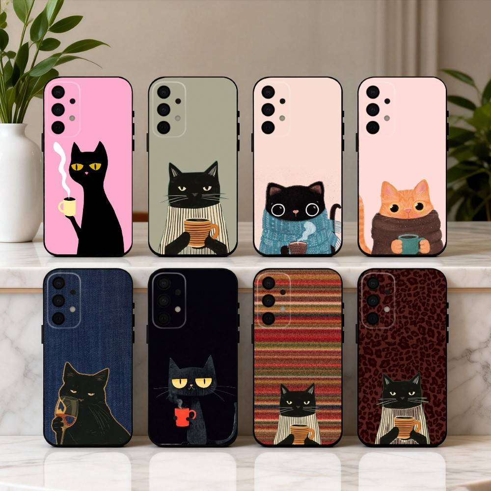 S-Striped C-Coffee Cat phone Case For Samsung Galaxy A73,A72,A71,A70,A53,A52,A51,Others Soft Black Shell