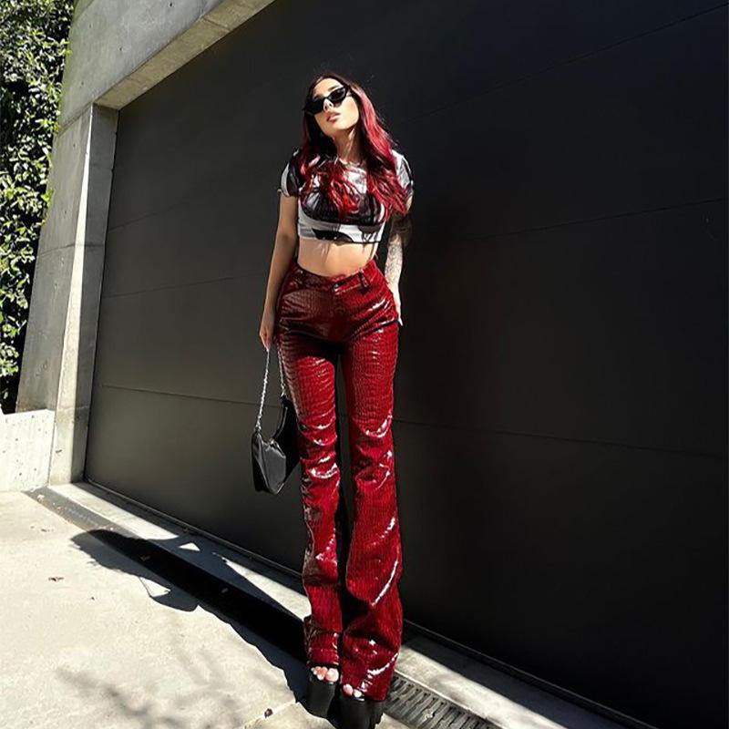 Autumn And Winter Women's Crocodile Pattern Leather Pants Women High Waist Micro Horn Temperament PU Trousers