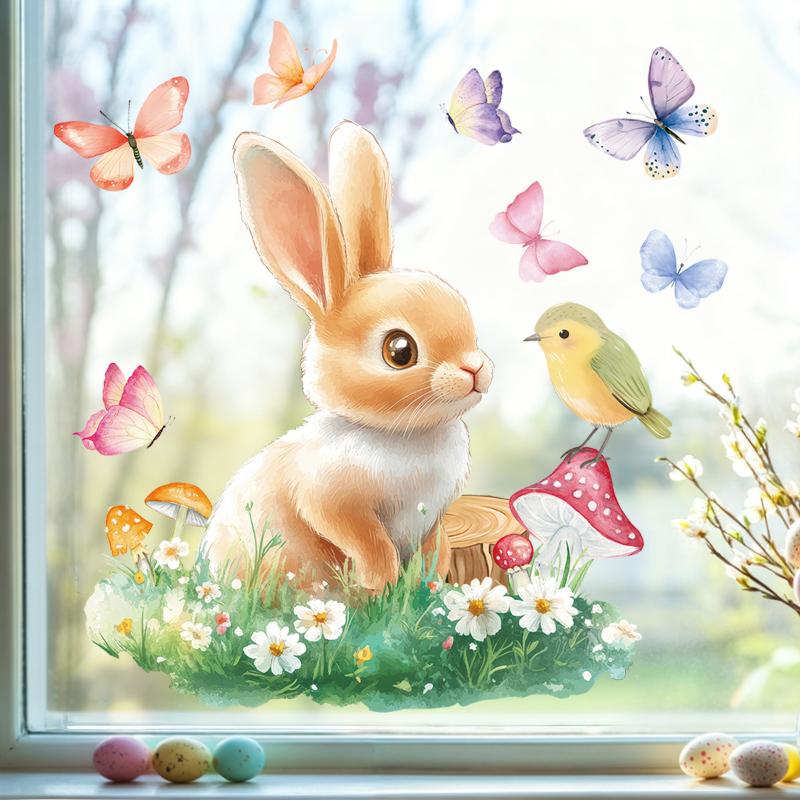 1 Sheet Cute Rabbit Colorful Egg Stickers Easter Electrostatic Patch Glass Window Decals Children'S Room Decoration