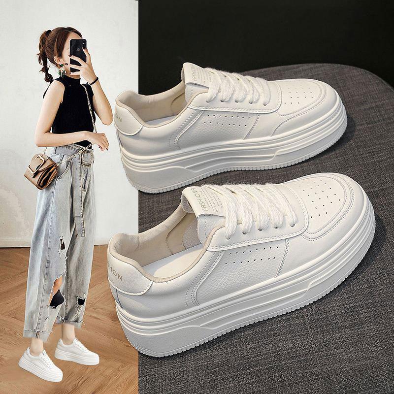 Leather platform white shoes women's spring and summer 2025 new muffin platform height increase casual sports shoes versatile women's shoes