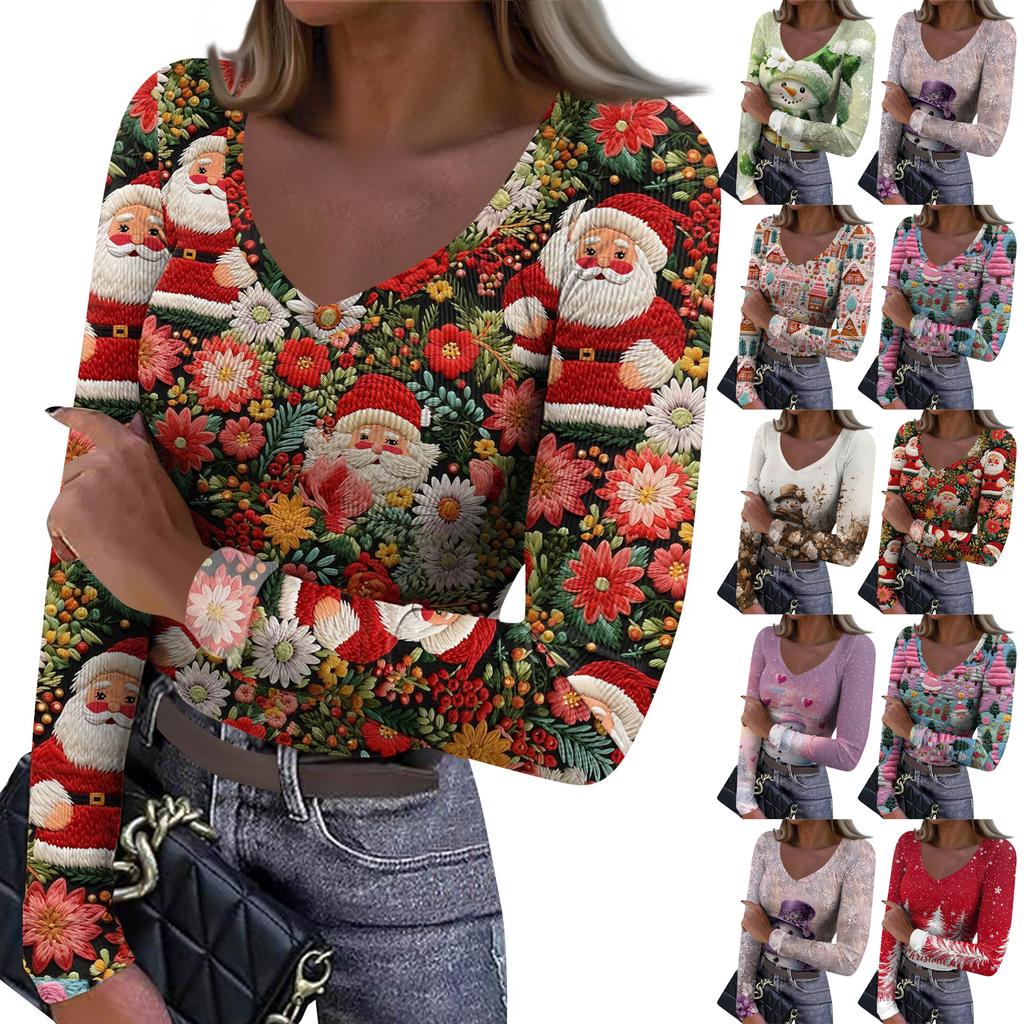 Women's Winter Slim-Fit Base Layer T-Shirt Fashionable Christmas Print V-Neck Pullover Long-Sleeved Top