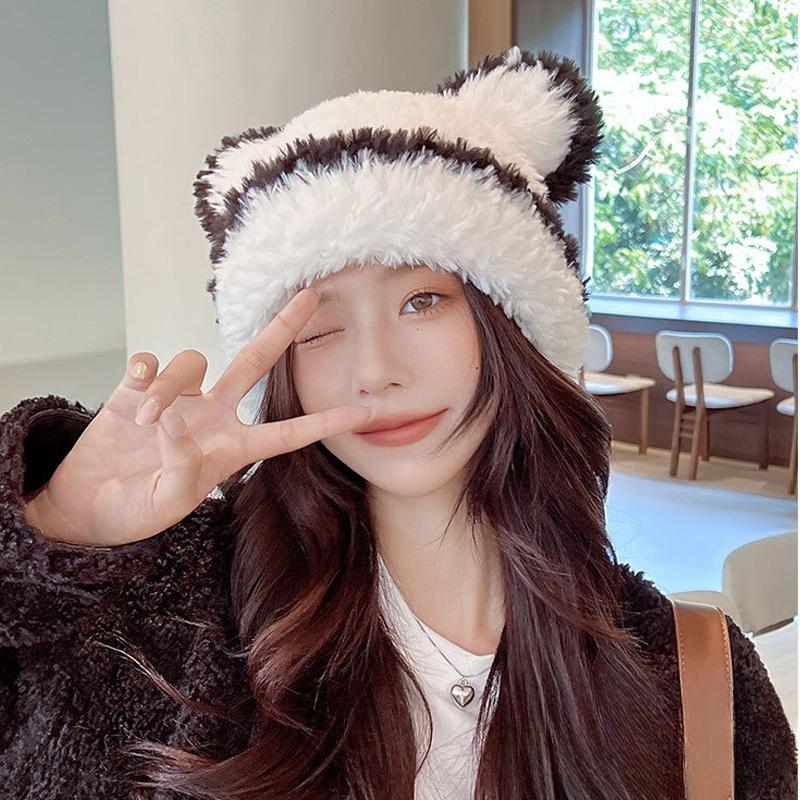 Plush and Cute Bear Ears Hat for Women In Autumn and Winter Japanese Style Sweet Striped Contrasting Color Warm Knitted Beanie