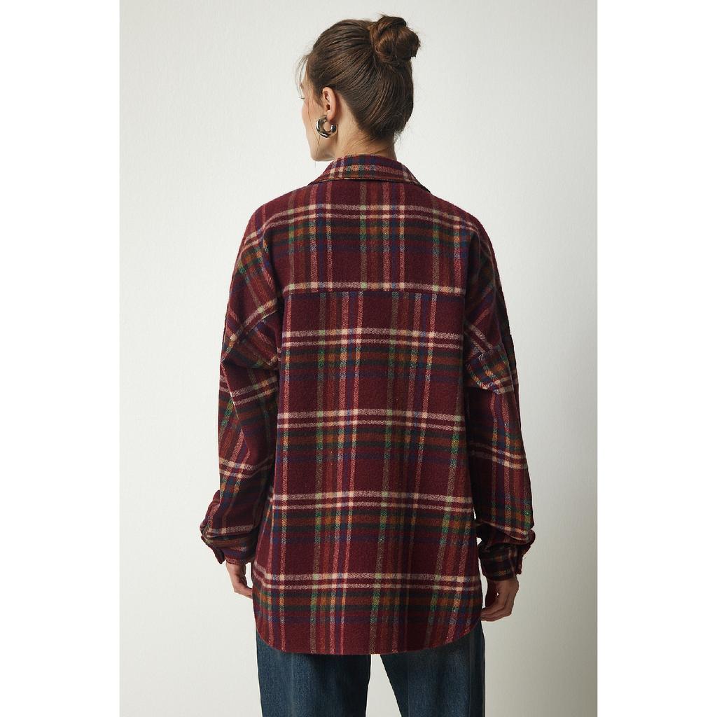 Dámská béžová krémová vzorovaná nadměrná kašmírová košile dřevorubce Tu00034