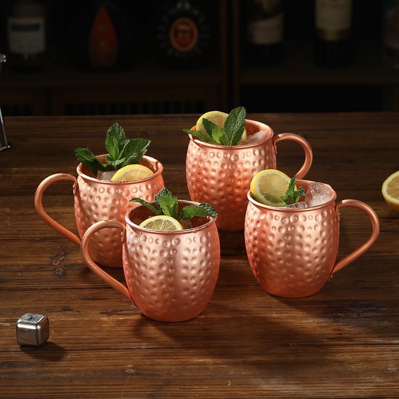 Moscow Mule Copper Mugs | Set of 4 Hammered Cups with Strong Riveted Handle Hold 540ml ( 18oz)