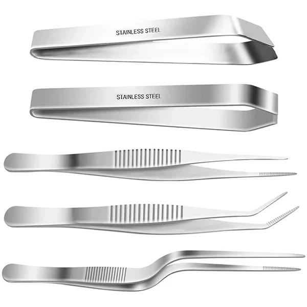 

5 Pack Precision Tweezers Set Stainless Steel Cooking Tongs Serrated Tips Flat Slant Fish Bone Pliers DIY Styling Medical Beauty