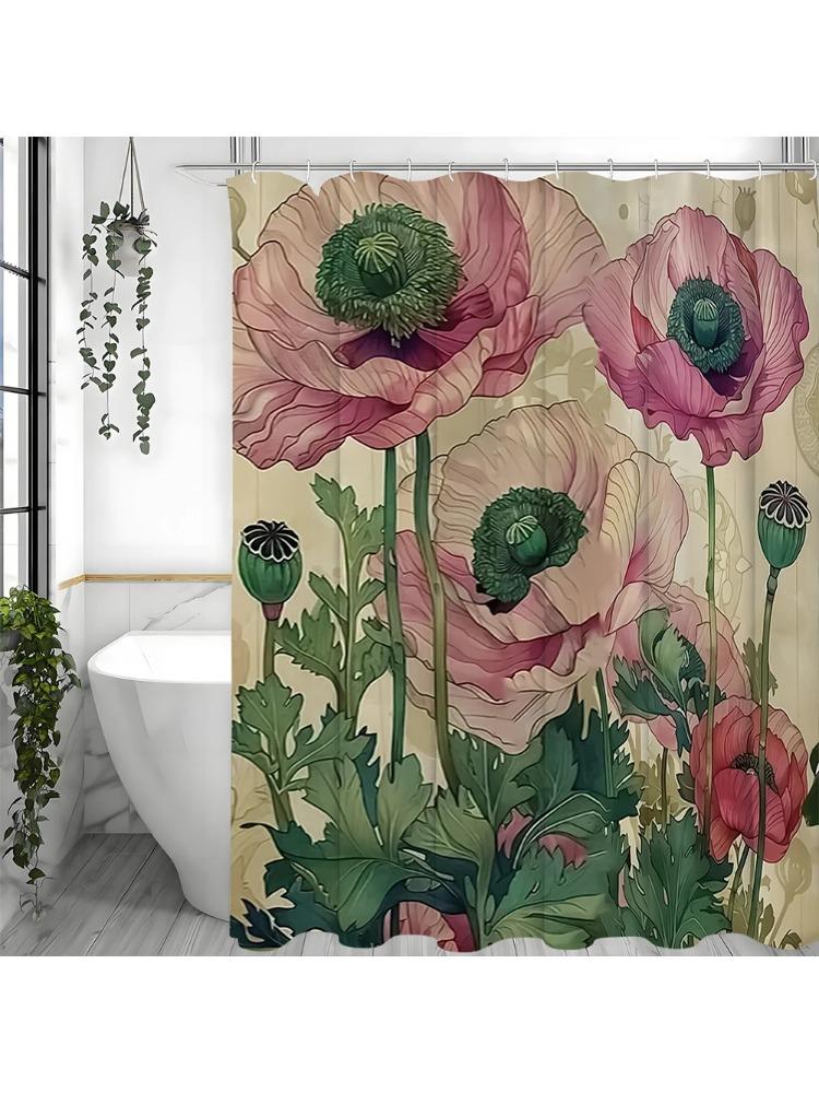 

Pink Flower Shower Curtain, Bathroom Decorative Shower Curtain, Waterproof Shower Curtain With Hooks W60H190(CM)-1 Pcs