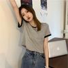 Design sense splicing short-sleeved T-shirt women's summer Korean women's clothing short high-waisted contrasting slim-fit top, fashion clothing