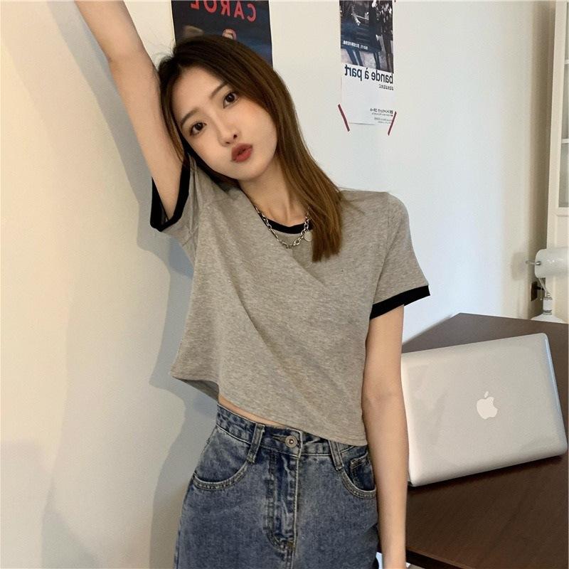Design sense splicing short-sleeved T-shirt women's summer Korean women's clothing short high-waisted contrasting slim-fit top, fashion clothing