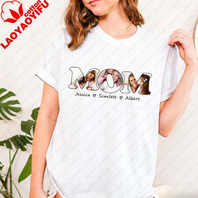 with Kids Names Unique Happy Mothers Day Gift for Family Tee Custom Photo Simple Letters Graphic Tshirts Regular Short Sleeve